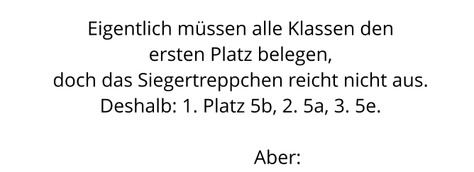 Eigentlich müssen alle Klassen den  ersten Platz belegen,  doch das Siegertreppchen reicht nicht aus. Deshalb: 1. Platz 5b, 2. 5a, 3. 5e.                 Aber: