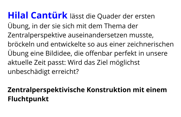Hilal Cantürk lässt die Quader der ersten Übung, in der sie sich mit dem Thema der Zentralperspektive auseinandersetzen musste, bröckeln und entwickelte so aus einer zeichnerischen Übung eine Bildidee, die offenbar perfekt in unsere aktuelle Zeit passt: Wird das Ziel möglichst unbeschädigt erreicht?   Zentralperspektivische Konstruktion mit einem Fluchtpunkt