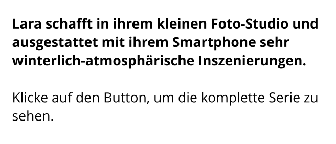 Lara schafft in ihrem kleinen Foto-Studio und ausgestattet mit ihrem Smartphone sehr winterlich-atmosphärische Inszenierungen.   Klicke auf den Button, um die komplette Serie zu sehen.