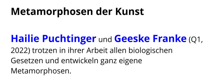 Metamorphosen der Kunst  Hailie Puchtinger und Geeske Franke (Q1, 2022) trotzen in ihrer Arbeit allen biologischen Gesetzen und entwickeln ganz eigene Metamorphosen.