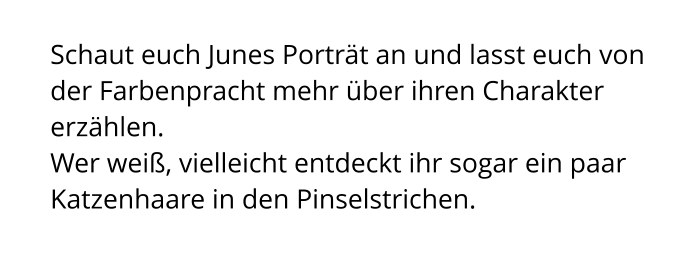 Schaut euch Junes Porträt an und lasst euch von der Farbenpracht mehr über ihren Charakter erzählen.  Wer weiß, vielleicht entdeckt ihr sogar ein paar Katzenhaare in den Pinselstrichen.