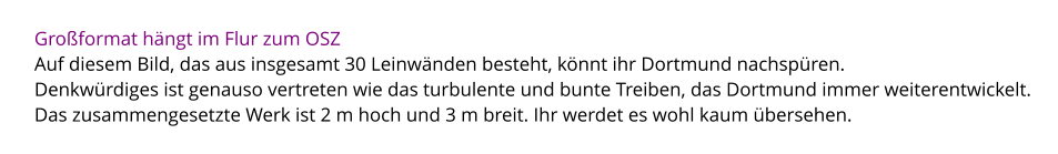 Großformat hängt im Flur zum OSZ Auf diesem Bild, das aus insgesamt 30 Leinwänden besteht, könnt ihr Dortmund nachspüren.  Denkwürdiges ist genauso vertreten wie das turbulente und bunte Treiben, das Dortmund immer weiterentwickelt.  Das zusammengesetzte Werk ist 2 m hoch und 3 m breit. Ihr werdet es wohl kaum übersehen.