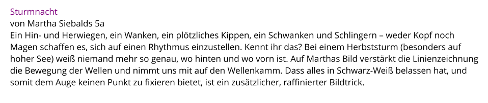 Sturmnacht  von Martha Siebalds 5a Ein Hin- und Herwiegen, ein Wanken, ein plötzliches Kippen, ein Schwanken und Schlingern – weder Kopf noch Magen schaffen es, sich auf einen Rhythmus einzustellen. Kennt ihr das? Bei einem Herbststurm (besonders auf hoher See) weiß niemand mehr so genau, wo hinten und wo vorn ist. Auf Marthas Bild verstärkt die Linienzeichnung die Bewegung der Wellen und nimmt uns mit auf den Wellenkamm. Dass alles in Schwarz-Weiß belassen hat, und somit dem Auge keinen Punkt zu fixieren bietet, ist ein zusätzlicher, raffinierter Bildtrick.