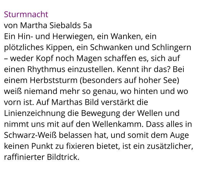 Sturmnacht  von Martha Siebalds 5a Ein Hin- und Herwiegen, ein Wanken, ein plötzliches Kippen, ein Schwanken und Schlingern – weder Kopf noch Magen schaffen es, sich auf einen Rhythmus einzustellen. Kennt ihr das? Bei einem Herbststurm (besonders auf hoher See) weiß niemand mehr so genau, wo hinten und wo vorn ist. Auf Marthas Bild verstärkt die Linienzeichnung die Bewegung der Wellen und nimmt uns mit auf den Wellenkamm. Dass alles in Schwarz-Weiß belassen hat, und somit dem Auge keinen Punkt zu fixieren bietet, ist ein zusätzlicher, raffinierter Bildtrick.