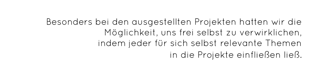 Besonders bei den ausgestellten Projekten hatten wir die Möglichkeit, uns frei selbst zu verwirklichen,  indem jeder für sich selbst relevante Themen in die Projekte einfließen ließ.   