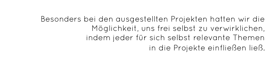 Besonders bei den ausgestellten Projekten hatten wir die Möglichkeit, uns frei selbst zu verwirklichen,  indem jeder für sich selbst relevante Themen in die Projekte einfließen ließ.   