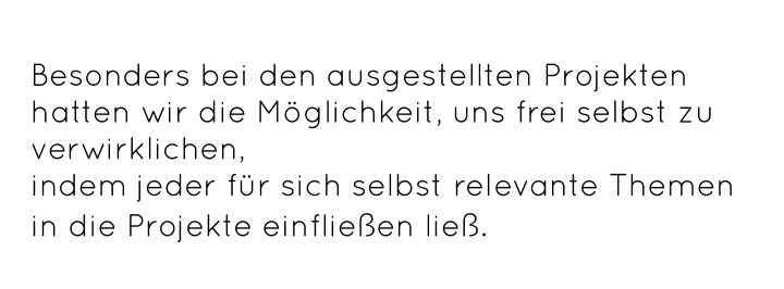 Besonders bei den ausgestellten Projekten hatten wir die Möglichkeit, uns frei selbst zu verwirklichen,  indem jeder für sich selbst relevante Themen in die Projekte einfließen ließ.   