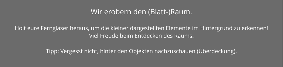 Wir erobern den (Blatt-)Raum.   Holt eure Ferngläser heraus, um die kleiner dargestellten Elemente im Hintergrund zu erkennen! Viel Freude beim Entdecken des Raums.  Tipp: Vergesst nicht, hinter den Objekten nachzuschauen (Überdeckung).