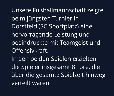 Unsere Fußballmannschaft zeigte beim jüngsten Turnier in Dorstfeld (SC Sportplatz) eine hervorragende Leistung und beeindruckte mit Teamgeist und Offensivkraft.  In den beiden Spielen erzielten die Spieler insgesamt 8 Tore, die über die gesamte Spielzeit hinweg verteilt waren.