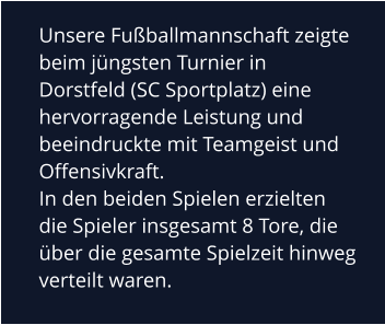 Unsere Fußballmannschaft zeigte beim jüngsten Turnier in Dorstfeld (SC Sportplatz) eine hervorragende Leistung und beeindruckte mit Teamgeist und Offensivkraft.  In den beiden Spielen erzielten die Spieler insgesamt 8 Tore, die über die gesamte Spielzeit hinweg verteilt waren.