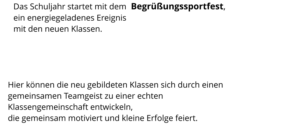 Das Schuljahr startet mit dem  Begrüßungssportfest, ein energiegeladenes Ereignis  mit den neuen Klassen. Hier können die neu gebildeten Klassen sich durch einen gemeinsamen Teamgeist zu einer echten Klassengemeinschaft entwickeln,  die gemeinsam motiviert und kleine Erfolge feiert.
