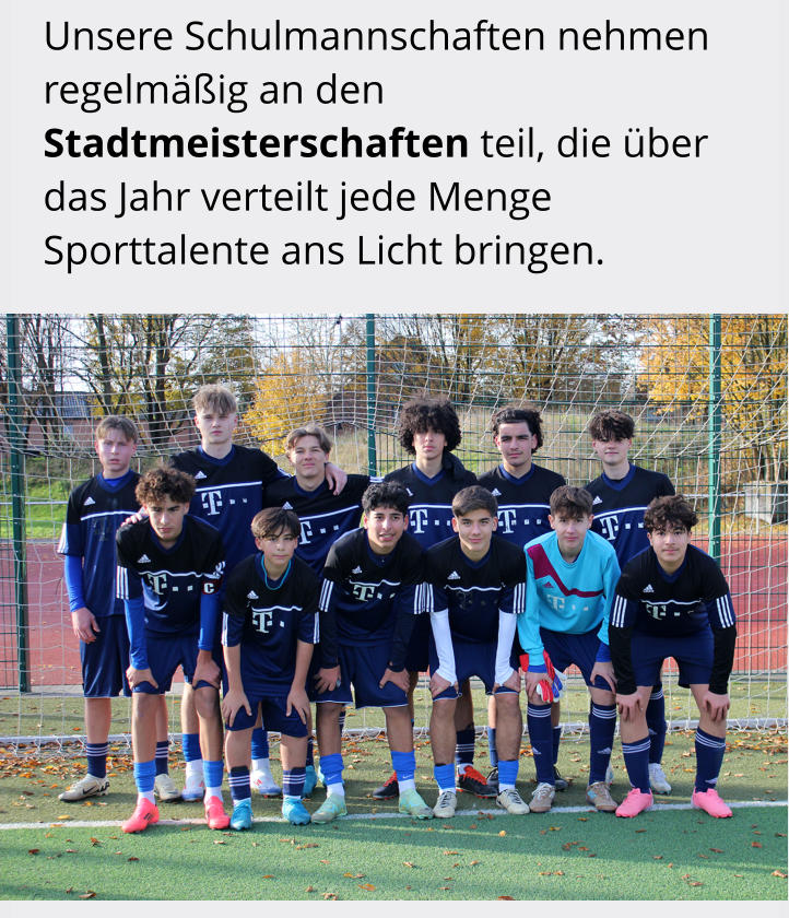 Unsere Schulmannschaften nehmen regelmäßig an den  Stadtmeisterschaften teil, die über das Jahr verteilt jede Menge  Sporttalente ans Licht bringen.