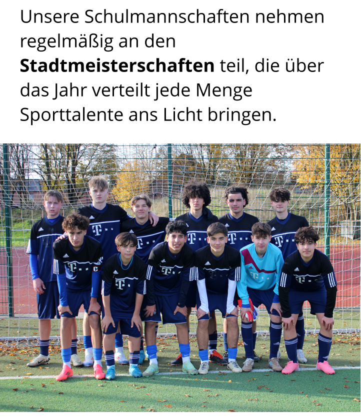 Unsere Schulmannschaften nehmen regelmäßig an den  Stadtmeisterschaften teil, die über das Jahr verteilt jede Menge  Sporttalente ans Licht bringen.